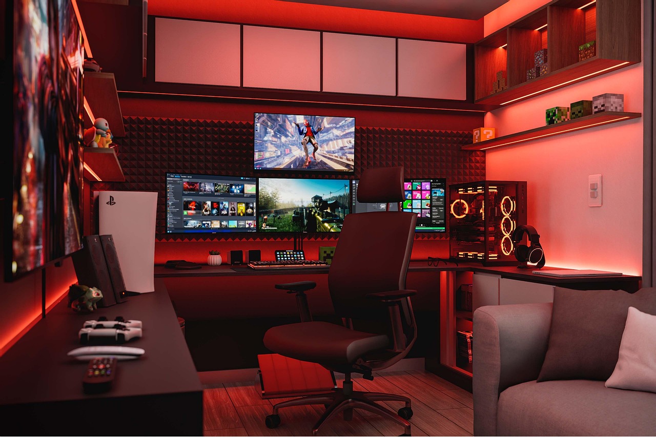 I 10 migliori PC Gaming sotto i 1000 € nel 2026 interior design, home office, modern interior, bedroom, study, pc, earphone, headphones, music, sound, technology, games, playstation, gamer, ps4, ps5, console, play, xbox, red, space red, night, led, dark, render