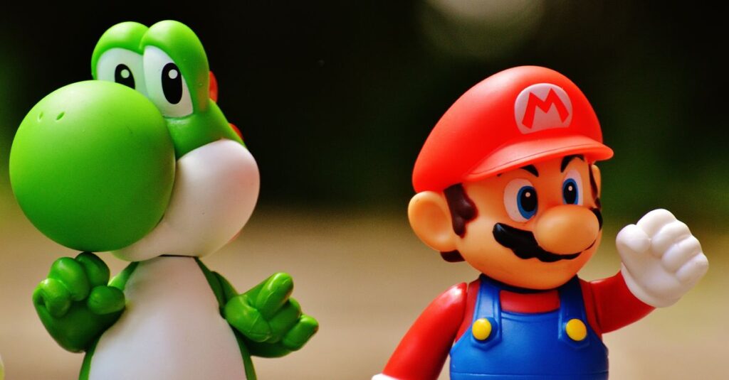 mario yoschi figures funny 163077 163077 2 Detailed close-up of Mario and Yoshi figurines from a popular video game franchise.